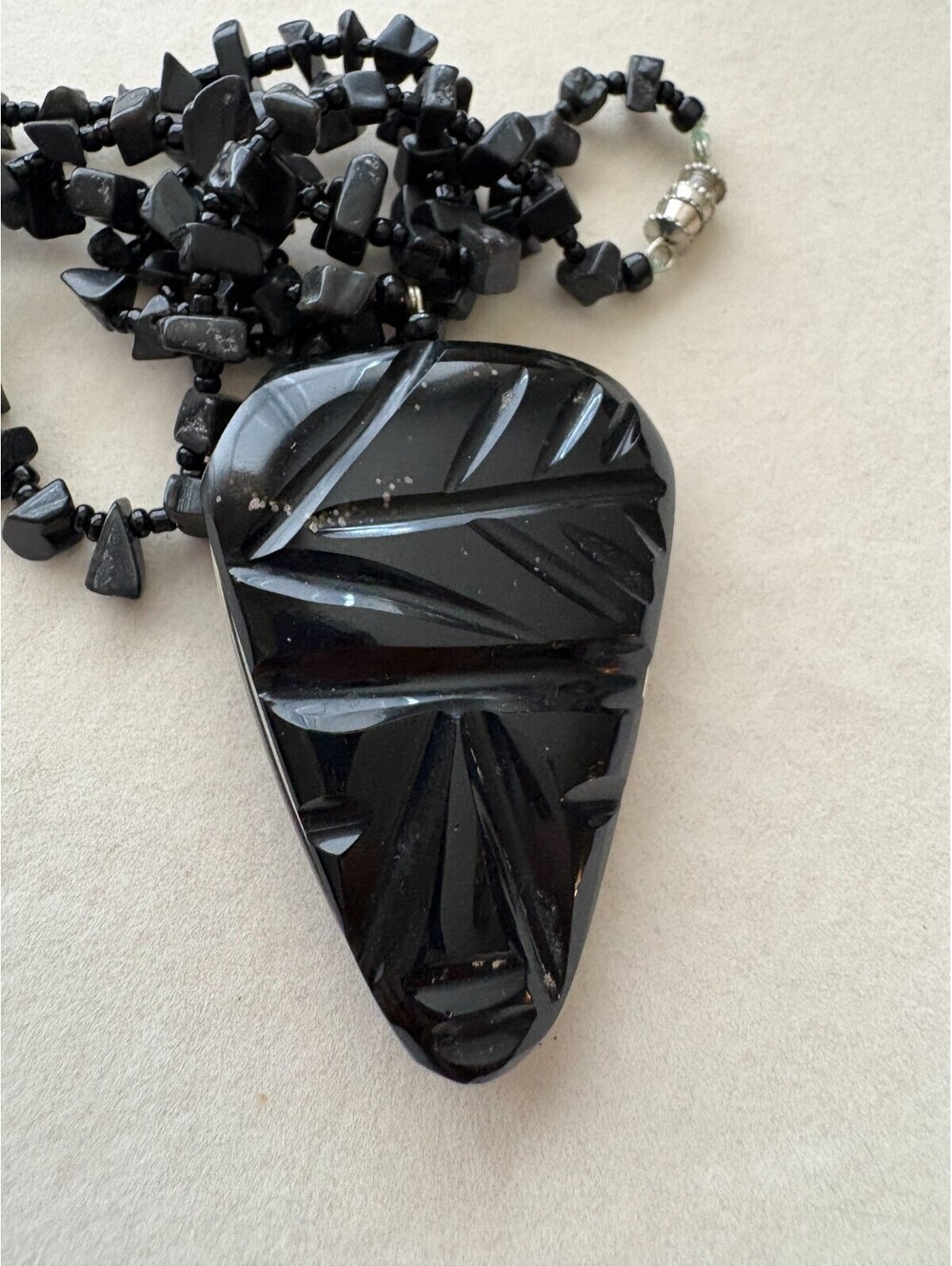 Vintage Carved Tribal Face Black Stone Pendant on Chip Bead Necklace Ethnic Boho